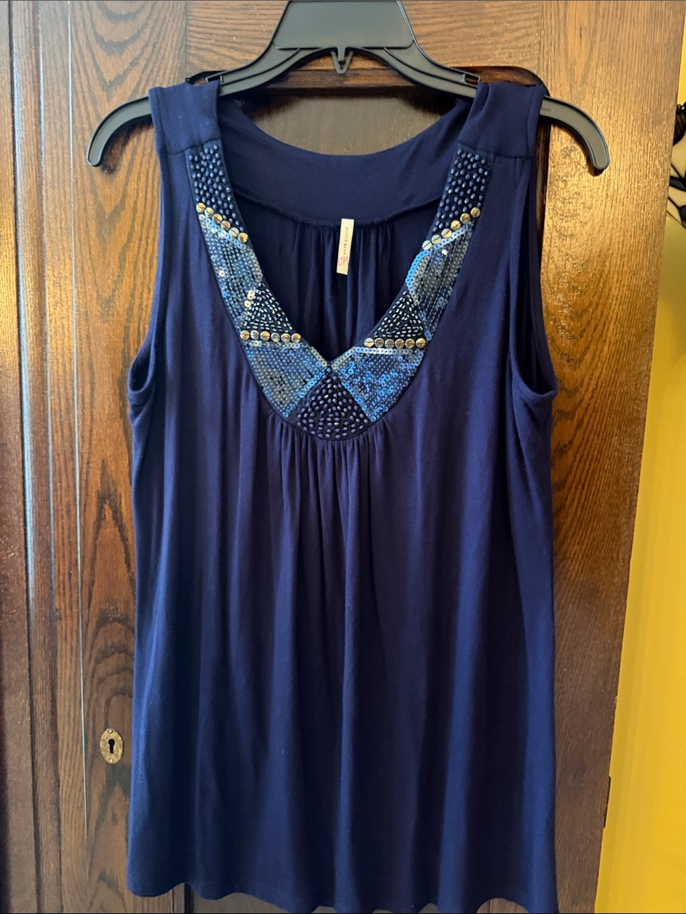 Olivia Moon Navy Sleeveless Top with Beaded V-Neckline